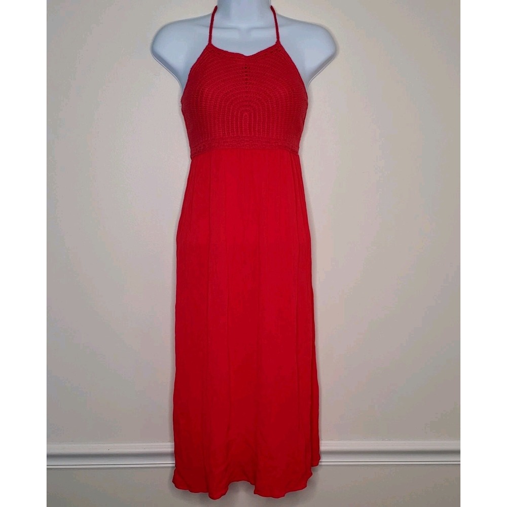 Crochet Halter Midi Dress Sz Small Red‎ Gauzy Boho Beachy Flowy Hippie Festival